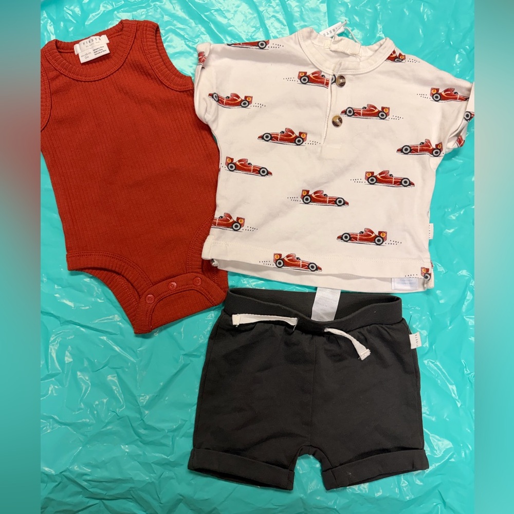 New First petit Lem newborn baby boy Outfit Set with Car Print and Rust Bodysuit